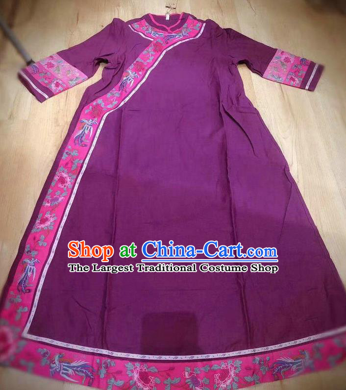 Chinese Embroidered Costume Women Traditional Cheongsam Clothing National Purple Flax Qipao Dress