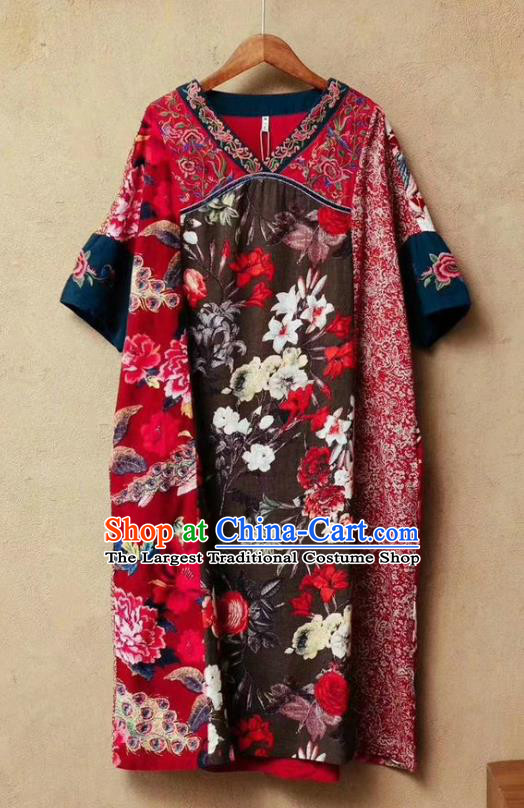 Chinese National Embroidered Flax Red Dress Traditional Printing Clothing