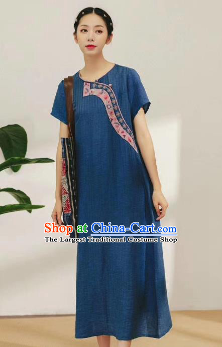 Chinese National Navy Blue Flax Dress Traditional Plated Buttons Clothing Women Embroidered Fashion