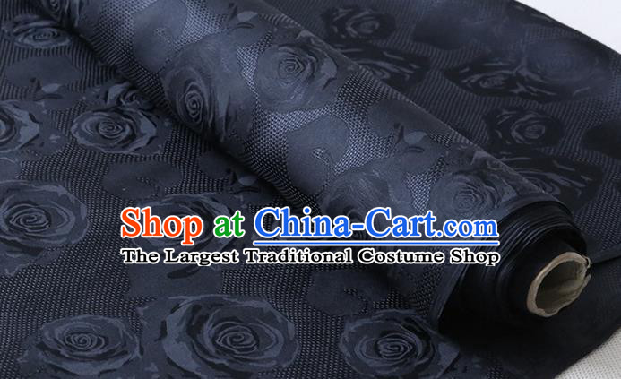Chinese Classical Hollowed Rose Pattern Damask Cheongsam Silk Drapery Traditional Dark Navy Jacquard Cloth Fabric