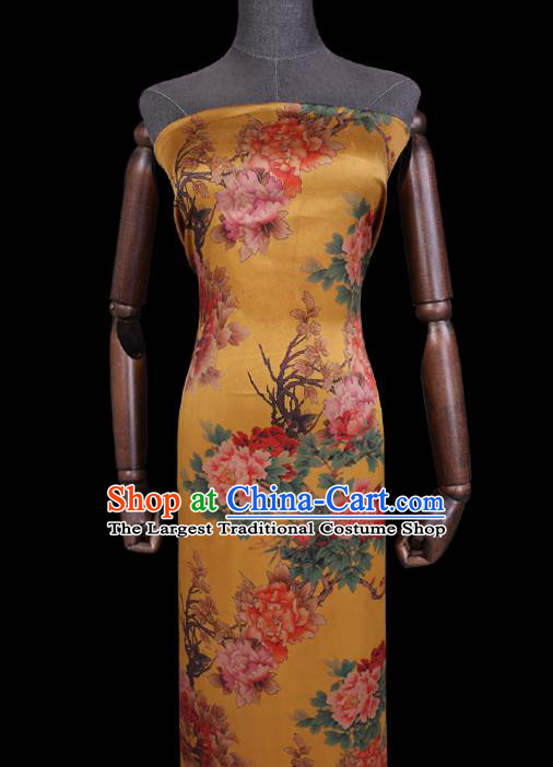 Chinese Classical Peony Pattern Yellow Satin Fabric Traditional Cheongsam Watered Gauze Gambiered Guangdong Silk