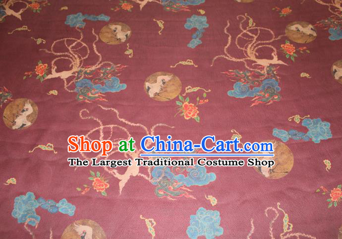 Chinese Traditional Wine Red Gambiered Guangdong Gauze Cheongsam Satin Fabric Classical Cloud Crane Pattern Silk Drapery