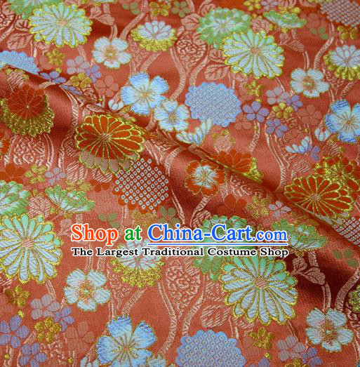 Asian Traditional Chrysanthemum Pattern Design Brocade Japanese Red Nishijin Tapestry Satin Kimono Cloth Fabric