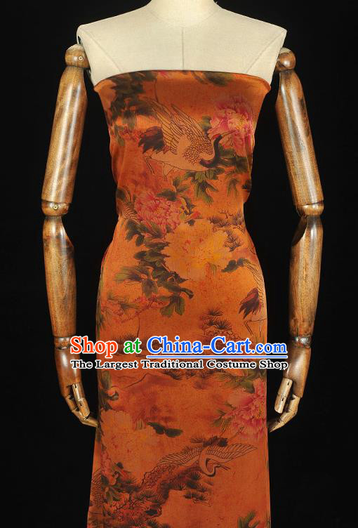 Chinese Orange Gambiered Guangdong Gauze Classical Crane Peony Pattern Satin Traditional Silk Drapery Cheongsam Cloth Fabric