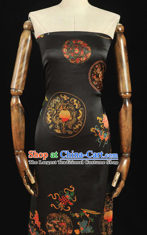 Chinese Traditional Silk Fabric Classical Bat Dragon Peach Pattern Gambiered Guangdong Gauze Cheongsam Black Satin Cloth