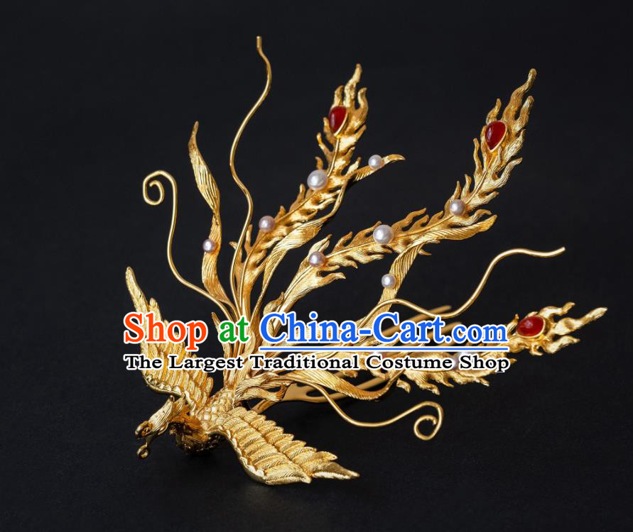 China Traditional Ming Dynasty Empress Gilding Phoenix Tassel Hairpin Ancient Court Queen Hair Crown Hair Accessories