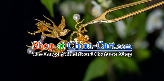 China Traditional Ming Dynasty Flower Bird Tassel Hairpin Ancient Court Lady Gilding Hair Stick Hair Accessories