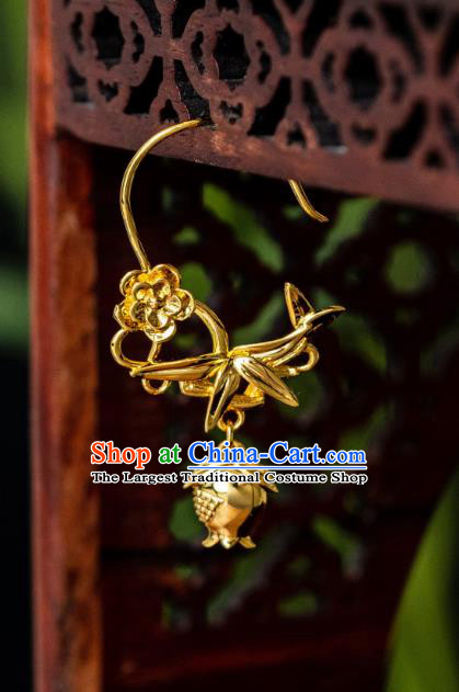 China Ming Dynasty Gilding Pomegranate Bamboo Earrings Traditional Palace Ear Jewelry