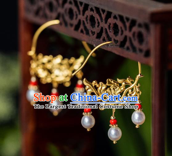 China Ming Dynasty Pearls Tassel Earrings Traditional Palace Gilding Peony Ear Jewelry