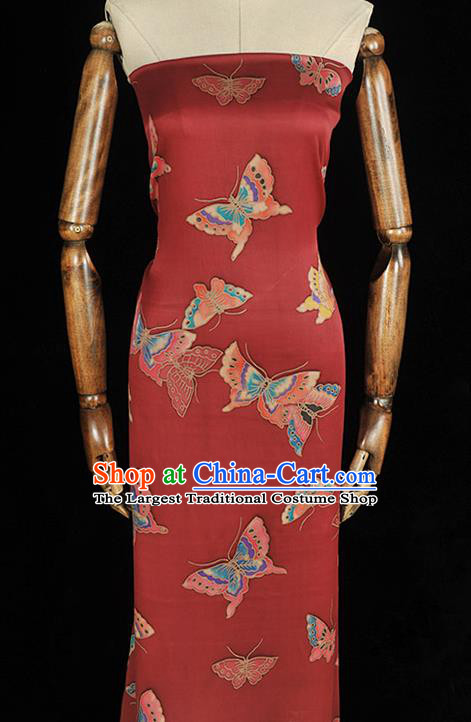 Chinese Traditional Red Gambiered Guangdong Gauze Classical Butterfly Pattern Silk Fabric Cheongsam Satin Cloth