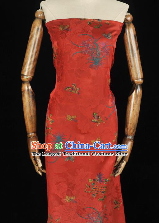 Chinese Cheongsam Traditional Jacquard Silk Fabric Gambiered Guangdong Gauze Classical Butterfly Orchids Pattern Red Satin Cloth
