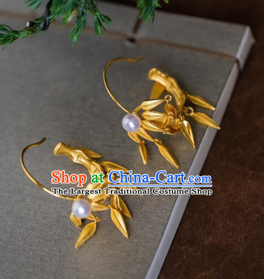 China Traditional Ancient Court Bamboo Leaf Ear Jewelry Ming Dynasty Empress Gilding Pearl Earrings
