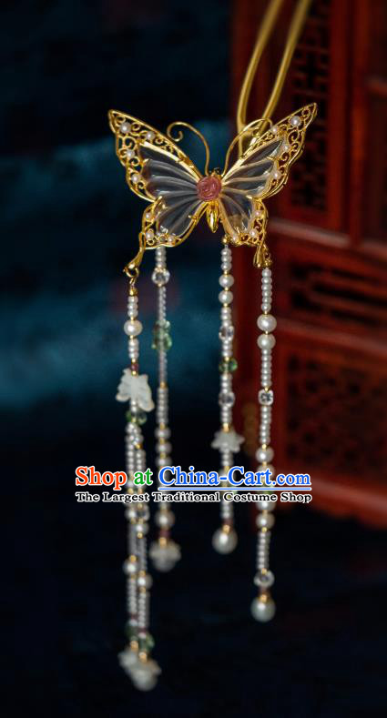 China Traditional Hanfu Crystal Butterfly Tassel Hairpin Ancient Ming Dynasty Gilding Hair Jewelry Hair Accessories
