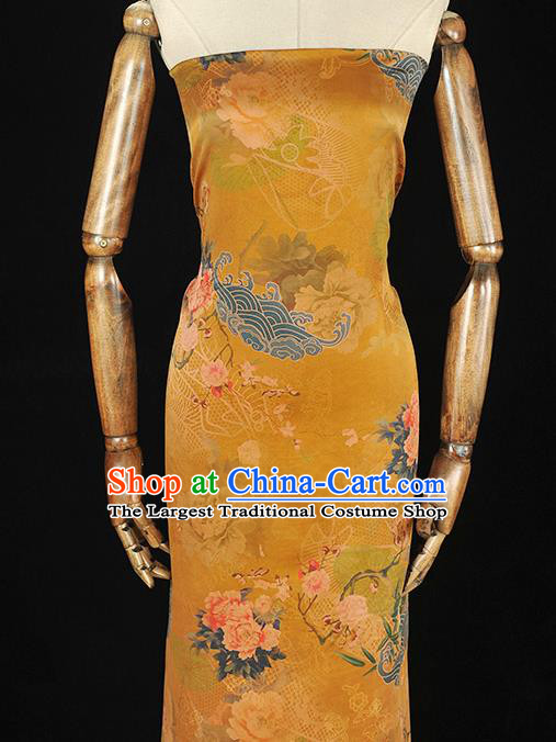 Chinese Traditional Top Cloth Fabric Classical Peony Pattern Yellow Silk Material Cheongsam Gambiered Guangdong Gauze
