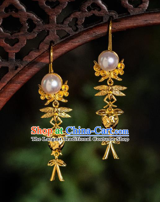 China Song Dynasty Empress Pearl Earrings Traditional Palace Lady Gilding Ear Jewelry