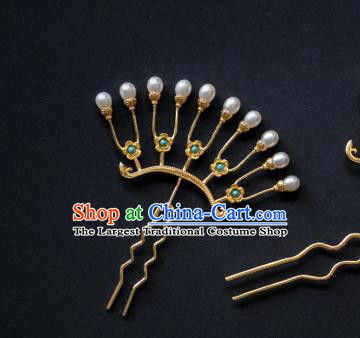 China Ming Dynasty Pearls Hair Clip Traditional Hanfu Hair Accessories Ancient Princess Gilding Hairpin Hair Stick