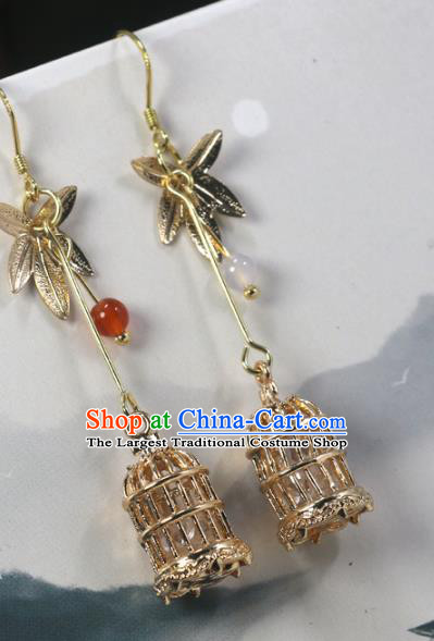Handmade Chinese National Golden Birdcage Earrings Traditional Cheongsam Classical Ear Accessories