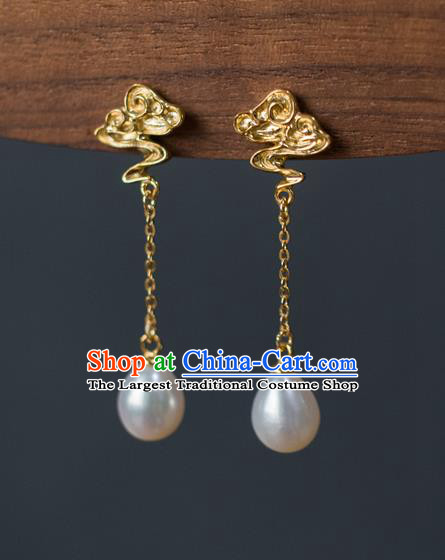China Traditional Ming Dynasty Pearls Earrings Ancient Court Empress Golden Cloud Ear Jewelry Accessories