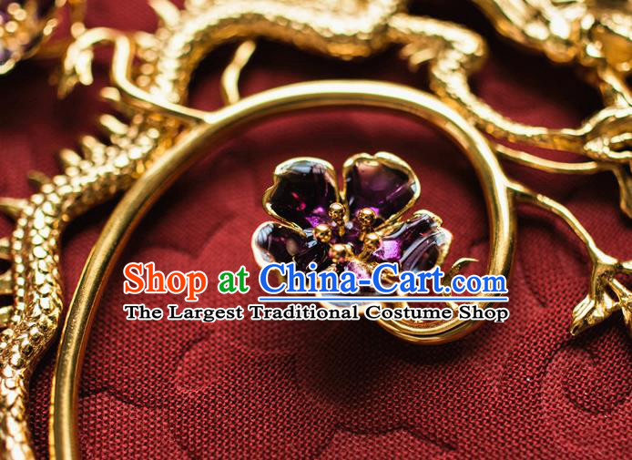 China Ancient Empress Purple Plum Ear Jewelry Accessories Traditional Qing Dynasty Queen Gilding Dragon Earrings