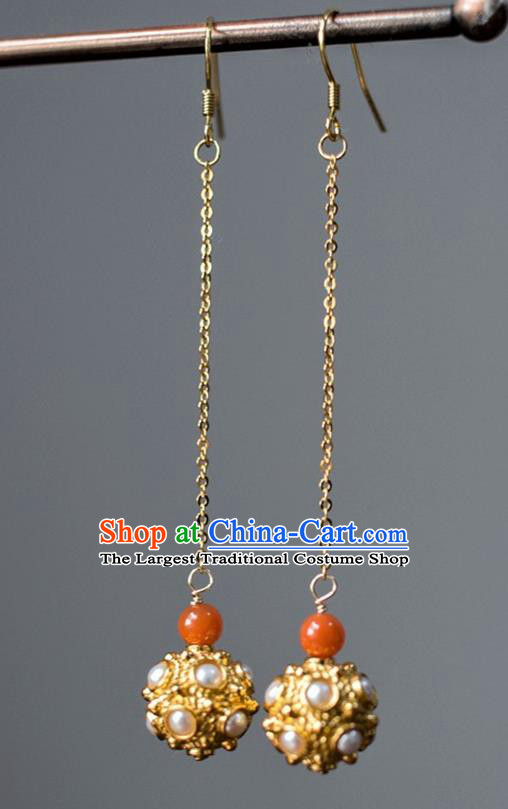 China Traditional Sui Dynasty Princess Li Jingxun Earrings Ancient Court Pearls Ear Jewelry Gilding Accessories