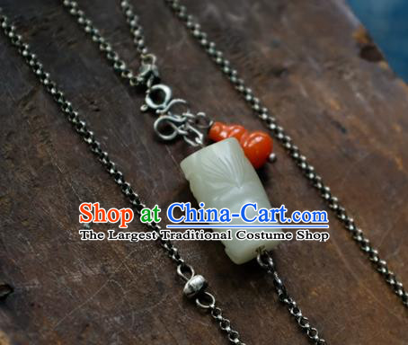 Handmade China Traditional White Jade Necklace Pendant National Women Red Agate Gourd Jewelry Silver Accessories