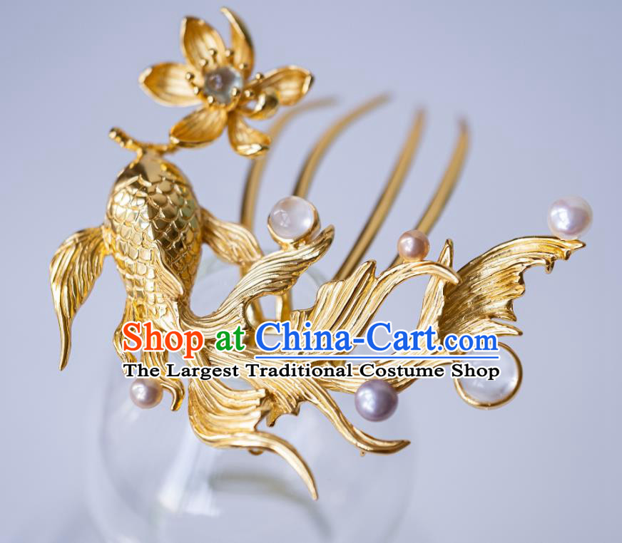 China Ancient Hanfu Gilding Fish Lotus Hair Comb Court Hair Accessories Traditional Ming Dynasty Empress Hairpin