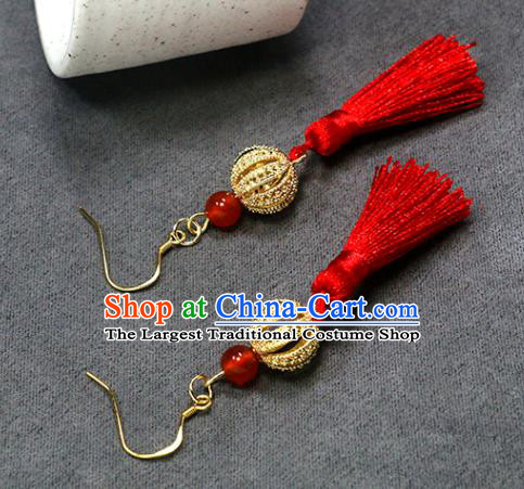 Handmade Chinese Hanfu Red Tassel Earrings Traditional National Wedding Golden Lantern Ear Accessories