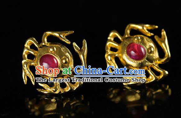 Handmade Chinese Traditional Ming Dynasty Gems Ear Accessories Jewelry Ancient Court Empress Golden Crab Earrings