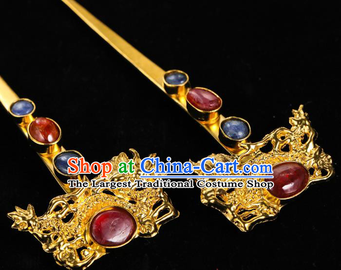 China Traditional Golden Dragon Hair Accessories Handmade Ming Dynasty Palace Gems Hair Clips Ancient Queen Hairpin for Women