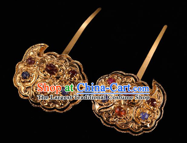 China Handmade Court Hair Accessories Ancient Empress Gems Hairpins Traditional Ming Dynasty Golden Hair Sticks