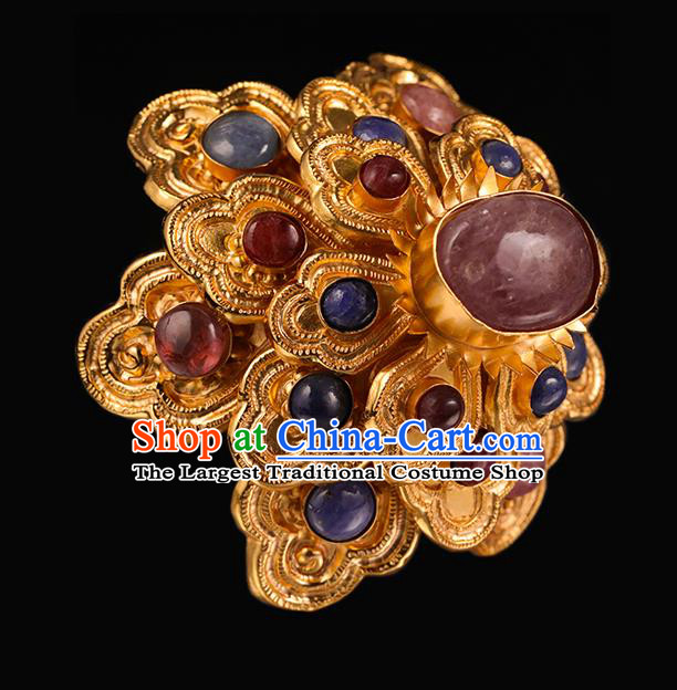 China Handmade Golden Hair Accessories Ancient Empress Gems Hairpin Traditional Ming Dynasty Golden Hair Crown