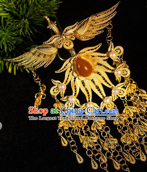 Ancient China Queen Tassel Hairpin Handmade Hair Accessories Traditional Hanfu Ming Dynasty Golden Phoenix Hair Crown