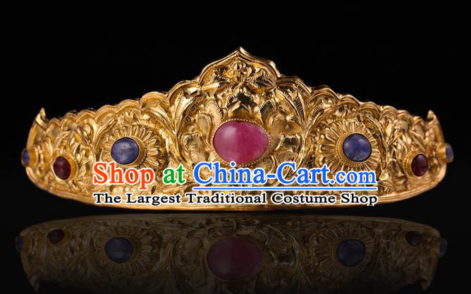 China Traditional Ming Dynasty Golden Hairpin Handmade Hair Accessories Ancient Empress Gems Lotus Hair Crown