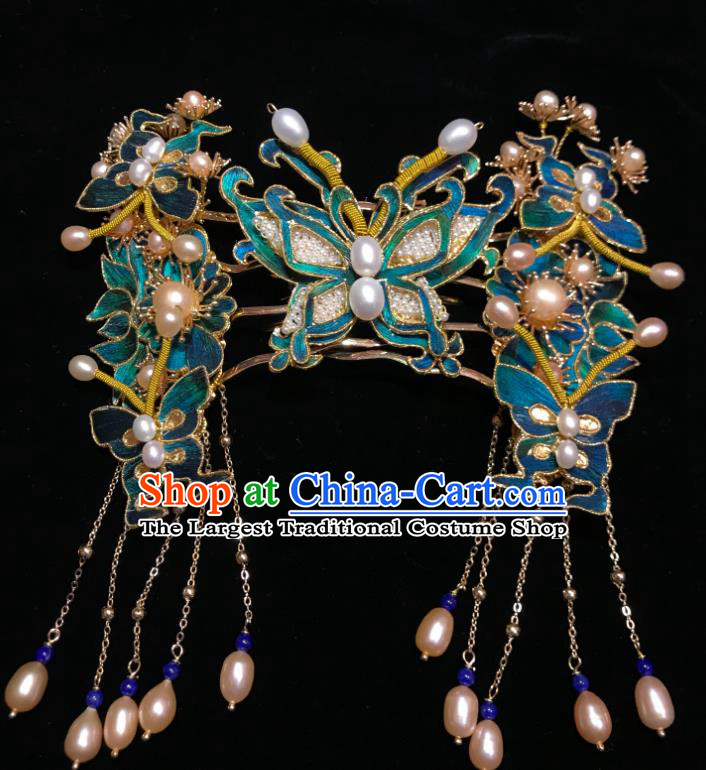 China Ancient Empress Blue Butterfly Hairpin Handmade Hair Accessories Traditional Ming Dynasty Pearls Tassel Hair Combs