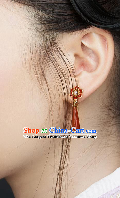 China Traditional Hanfu Agate Earrings Ancient Ming Dynasty Empress Enamel Ear Jewelry