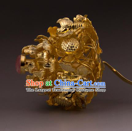 China Ancient Queen Golden Butterfly Flower Hairpin Handmade Hair Accessories Traditional Ming Dynasty Court Hair Stick