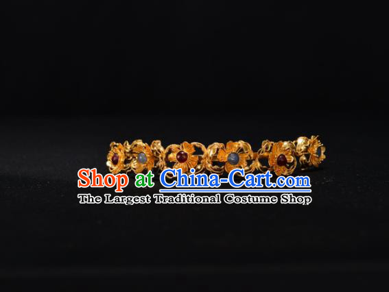China Ancient Queen Gems Hairpin Handmade Hair Accessories Traditional Ming Dynasty Court Golden Flowers Hair Stick