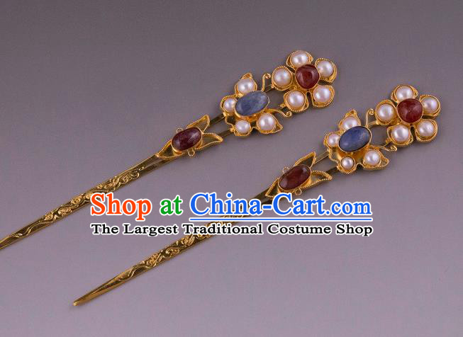 China Ancient Empress Pearls Hairpin Handmade Hair Accessories Traditional Ming Dynasty Court Gems Hair Stick