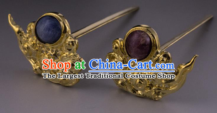 China Ancient Court Golden Hairpins Handmade Hair Accessories Traditional Ming Dynasty Imperial Empress Hair Sticks