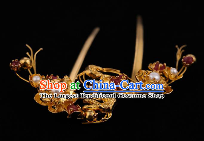 China Ancient Court Empress Golden Plum Hair Stick Handmade Hair Accessories Traditional Ming Dynasty Pearls Hairpin