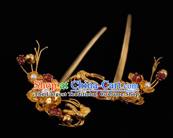 China Ancient Court Empress Golden Plum Hair Stick Handmade Hair Accessories Traditional Ming Dynasty Pearls Hairpin