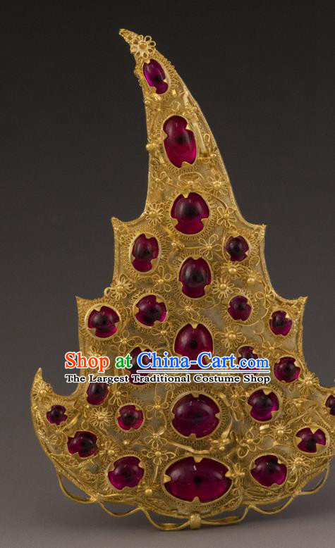 China Ancient Empress Gems Golden Hairpin Handmade Hair Accessories Traditional Ming Dynasty Ruby Hair Crown