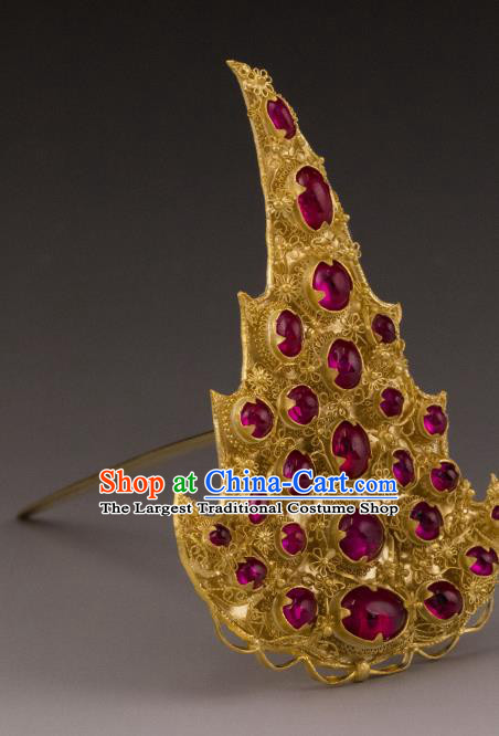 China Ancient Empress Gems Golden Hairpin Handmade Hair Accessories Traditional Ming Dynasty Ruby Hair Crown