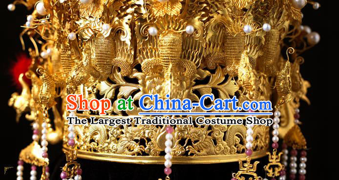China Ancient Empress Golden Hair Crown Handmade Hair Accessories Traditional Ming Dynasty Pearls Tassel Phoenix Coronet