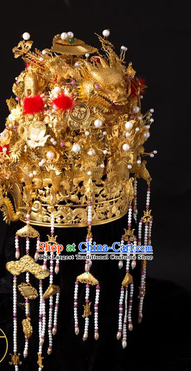 China Ancient Empress Golden Hair Crown Handmade Hair Accessories Traditional Ming Dynasty Pearls Tassel Phoenix Coronet