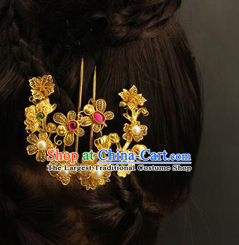 China Traditional Court Pearls Hair Stick Handmade Hair Accessories Ancient Ming Dynasty Golden Flowers Hairpin