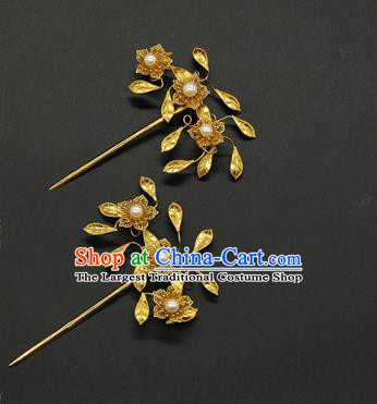 China Ancient Ming Dynasty Court Hair Accessories Traditional Handmade Golden Flowers Hairpin