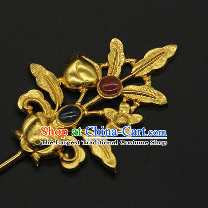 China Traditional Handmade Gems Hairpin Ancient Court Hair Accessories Ming Dynasty Golden Hair Stick