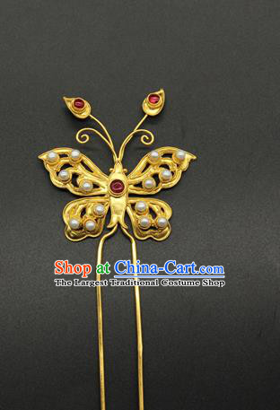 China Ming Dynasty Pearls Hair Stick Ancient Court Hair Accessories Traditional Handmade Golden Butterfly Hairpin