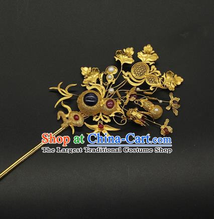 China Traditional Qing Dynasty Golden Gourd Hair Stick Ancient Court Empress Gems Hair Accessories Handmade Pearls Hairpin